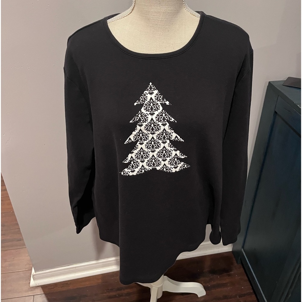Black 2x long sleeve christmas tree on front and elbow patches on sleeves